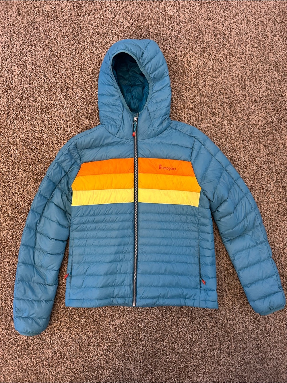 Cotopaxi Teal Hooded Puffer with Orange and Yellow Stripes